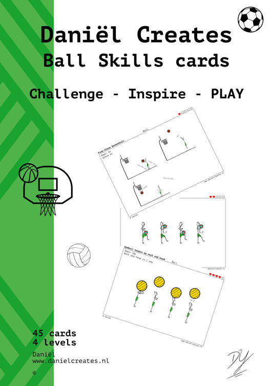 Ball Skills Cards - EN version - 45 cards - 4 levels - incl free Daniël Creates Board Game